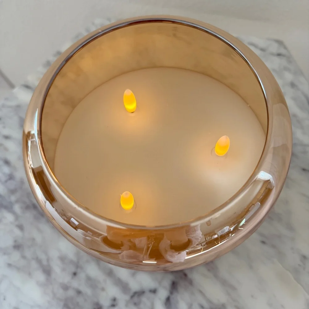 🕯️ Mirrored Amber 3-Wick Flameless Wax Candle in Glass Jar w/ Remote & Timer